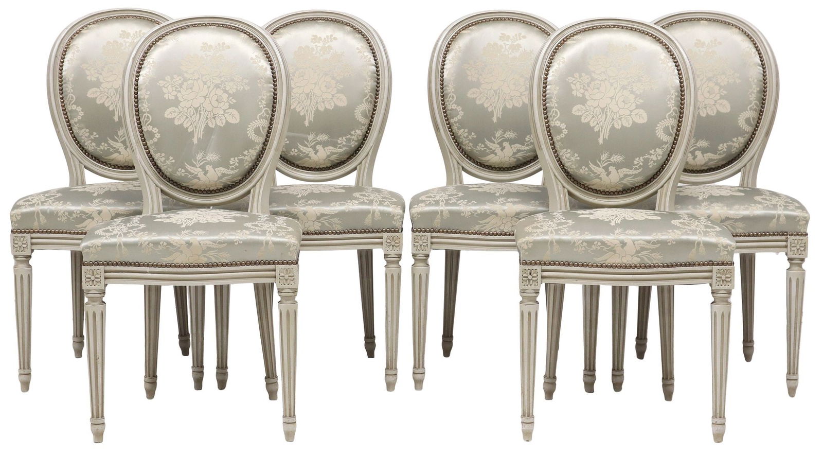 (6) FRENCH LOUIS XVI STYLE PAINTED SILK UPHOLSTERED CHAIRS (1 of 3)