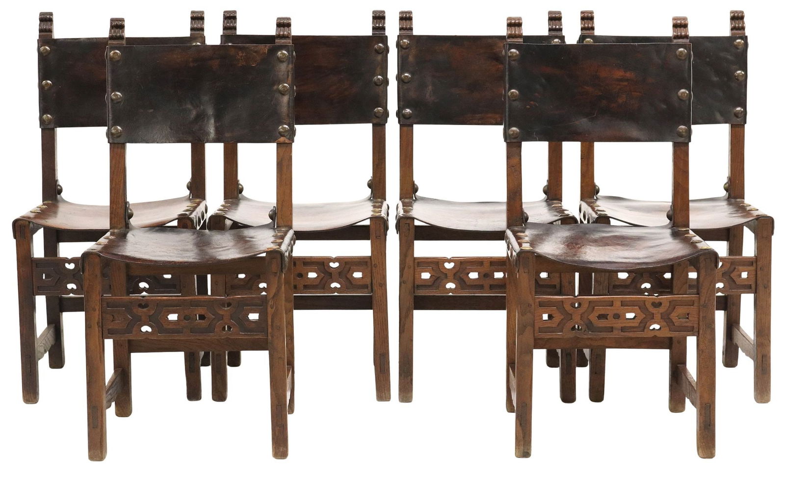 (6) SPANISH BAROQUE STYLE OAK & LEATHER SIDE CHAIRS, 19TH C. (1 of 3)