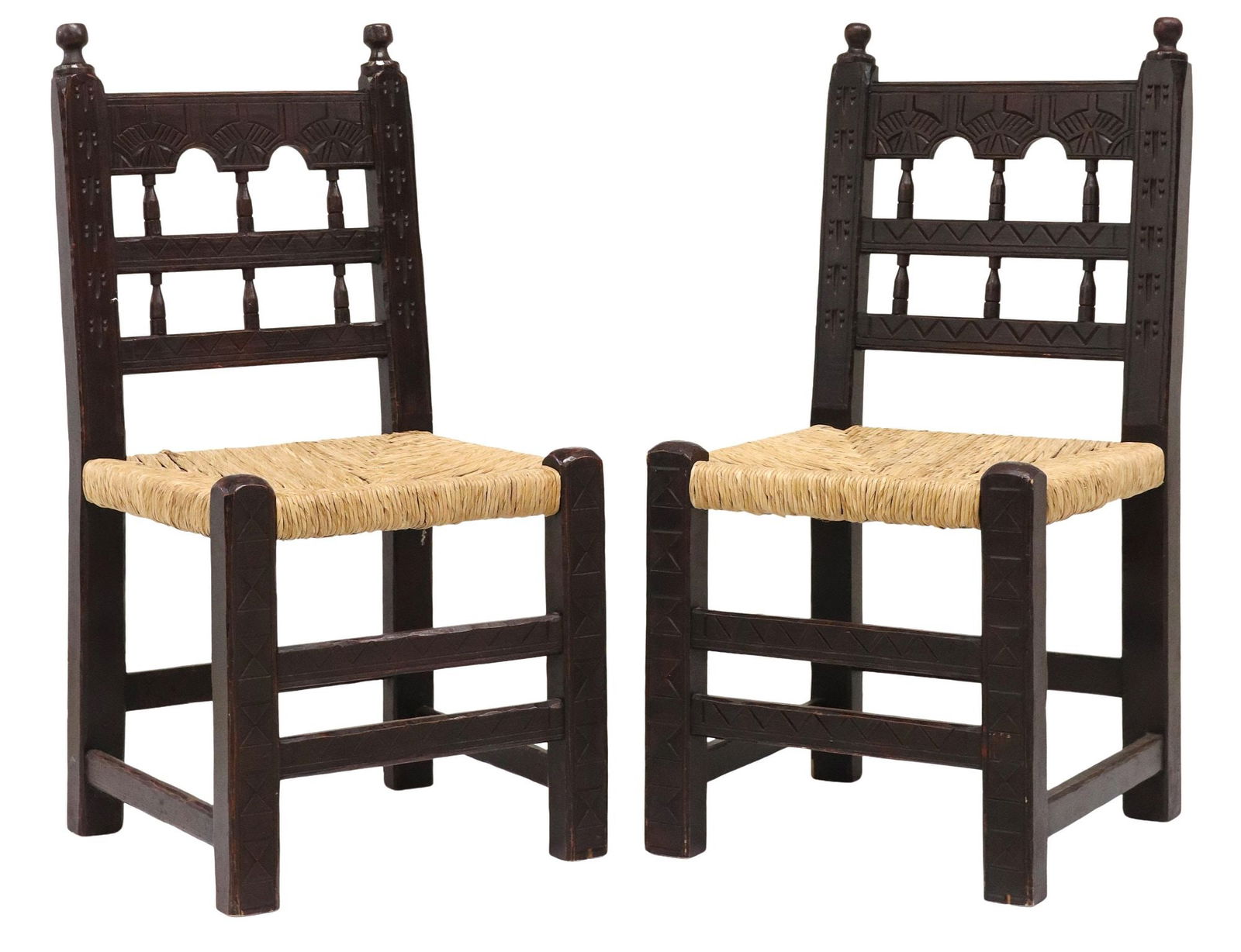 (2) RUSTIC SPANISH CARVED RUSH-SEAT SIDE CHAIRS (1 of 3)