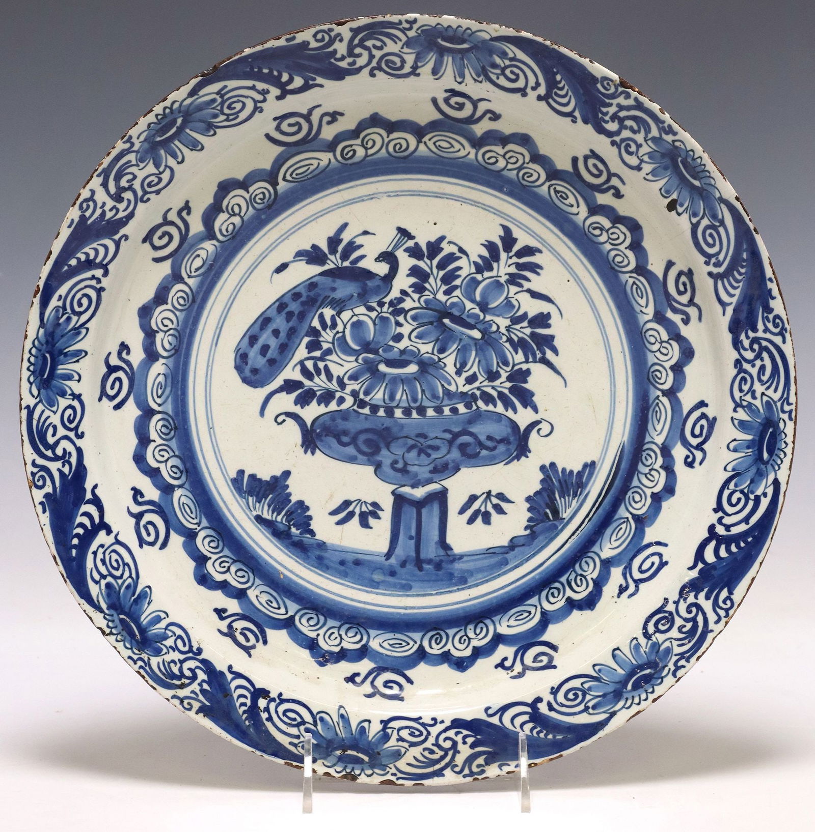 DELFT CHINOISERIE BLUE & WHITE CHARGER, 18TH C. (1 of 2)