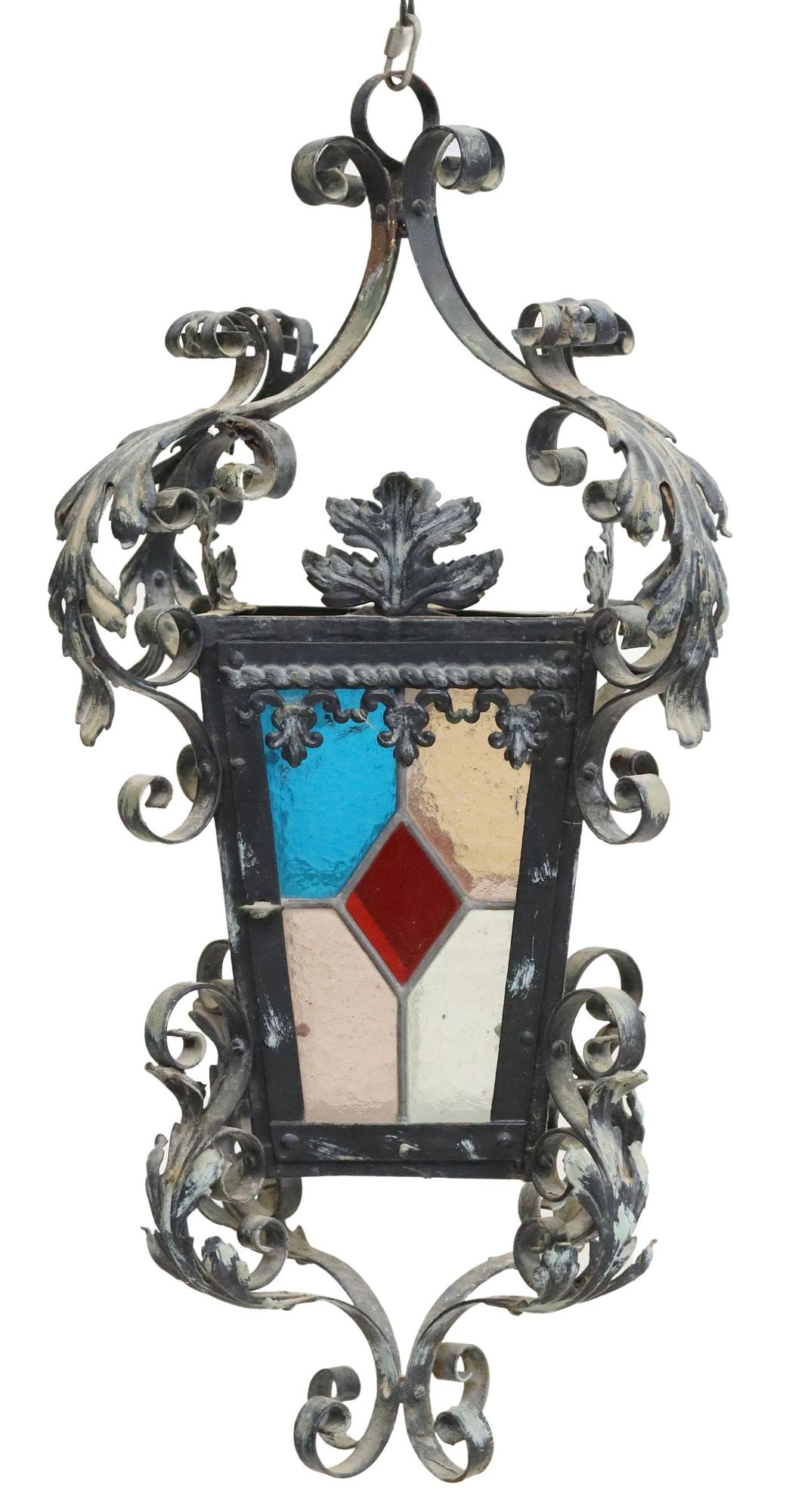 WROUGHT IRON STAINED & LEADED GLASS 1-LIGHT HANGING LANTERN (1 of 3)