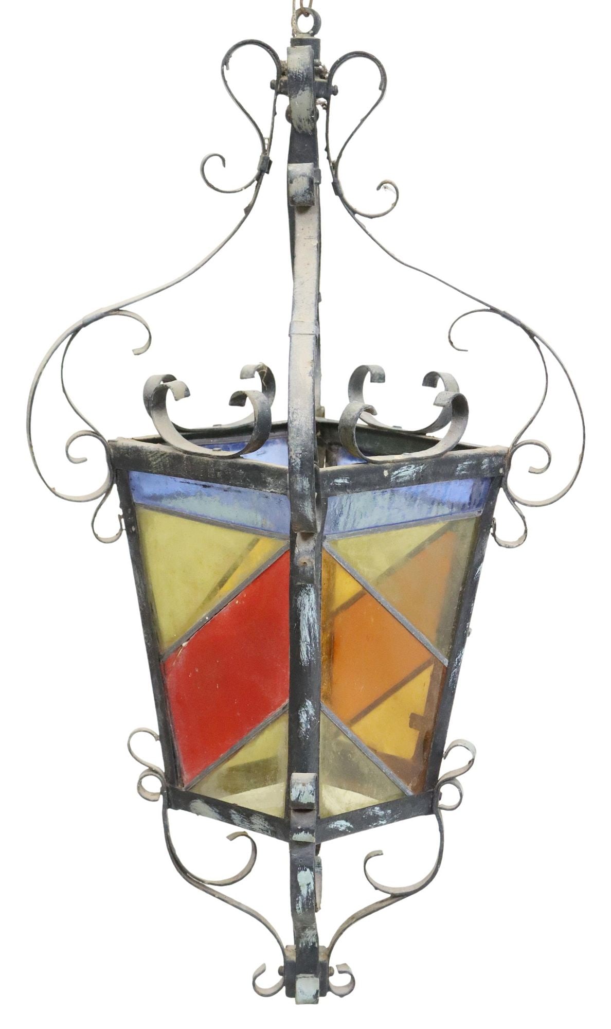 WROUGHT IRON STAINED & LEADED GLASS 1-LIGHT HANGING LANTERN (1 of 2)