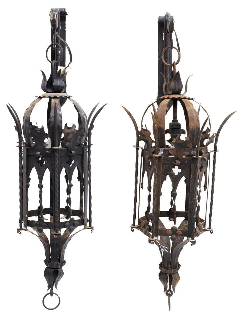 (2) GOTHIC REVIVAL WROUGHT IRON HANGING WALL LANTERNS (1 of 3)
