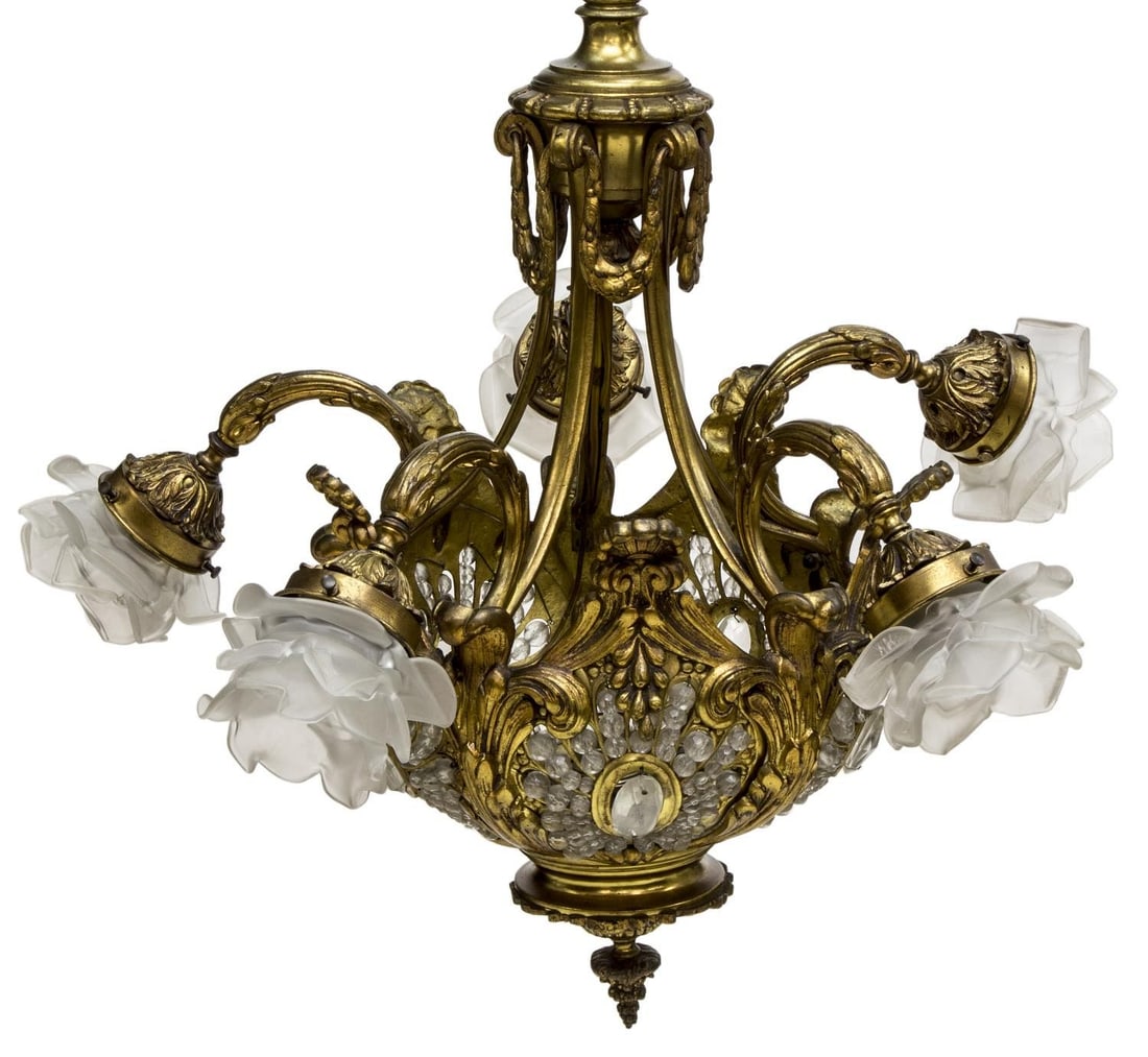 FRENCH GILT METAL & GLASS FLORAL SHADE 6-LIGHT CHANDELIER: French gilt metal six-light chandelier, early 20th c., central cast standard with faux draped fabric and garland swag, issuing five scrolled foliate arms, ending on floral glass shades, in need of wir