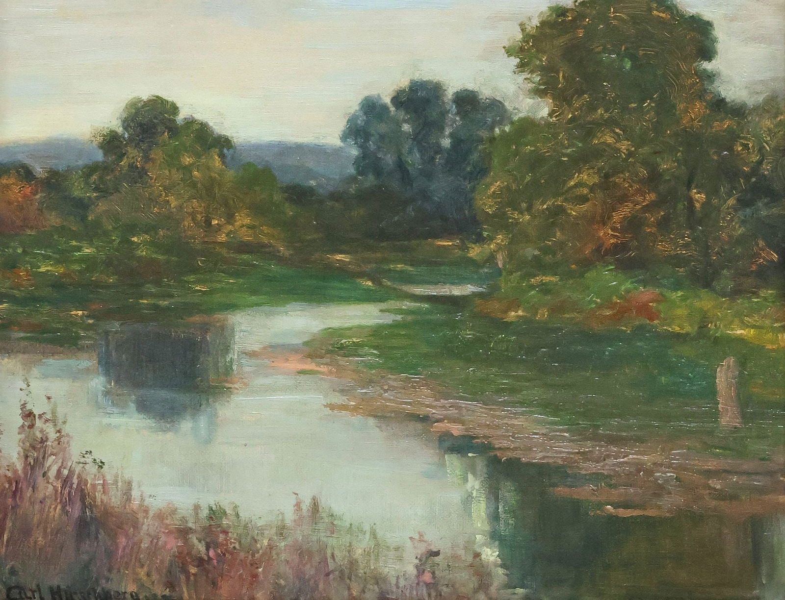 CARL HIRSCHBERG (1854-1923) PAINTING, IMPRESSIONIST RIVER LANDSCAPE (1 of 4)