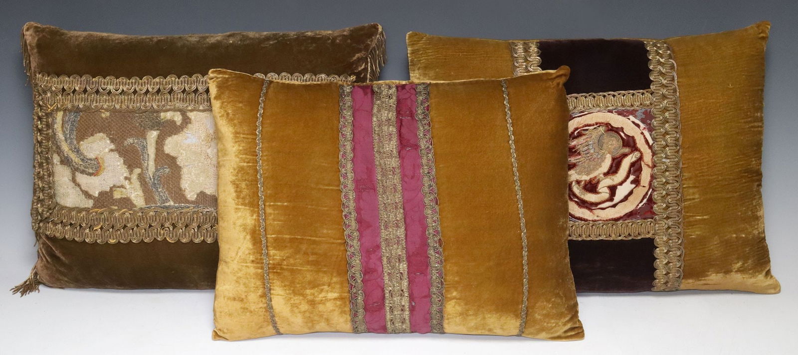 (3) DOWN-FILLED VELVET THROW PILLOWS WITH ANTIQUE TEXTILE FRAGMENTS (1 of 5)