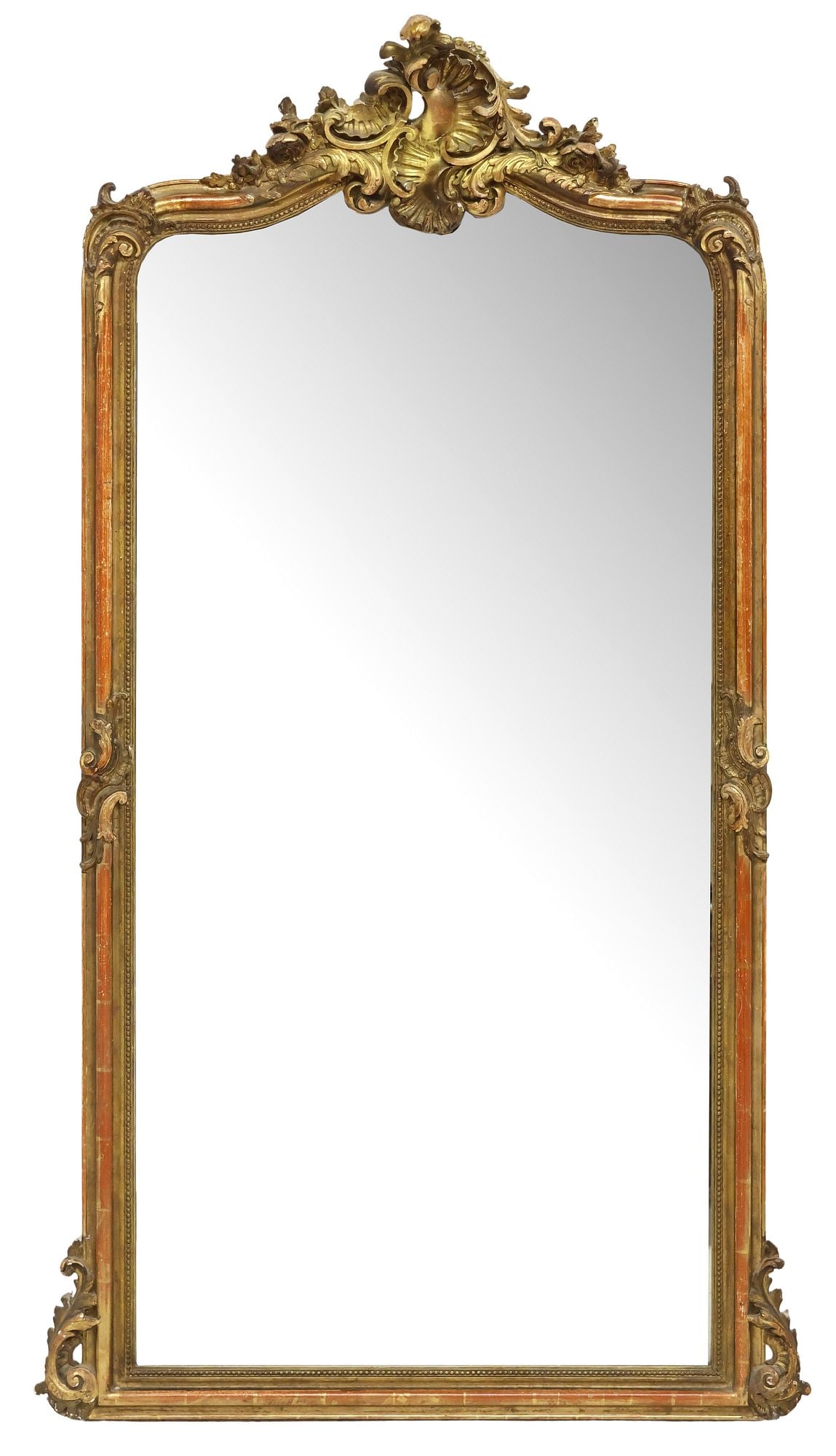 FRENCH LOUIS XV STYLE GILTWOOD WALL MIRROR, 59.5"H: French Louis XV style giltwood wall mirror, late 19th c., having fanned foliate crest, over shaped frame with beaded trim, encasing flat mirror plate, some later gilt painted touchups, approx 59.5&quo