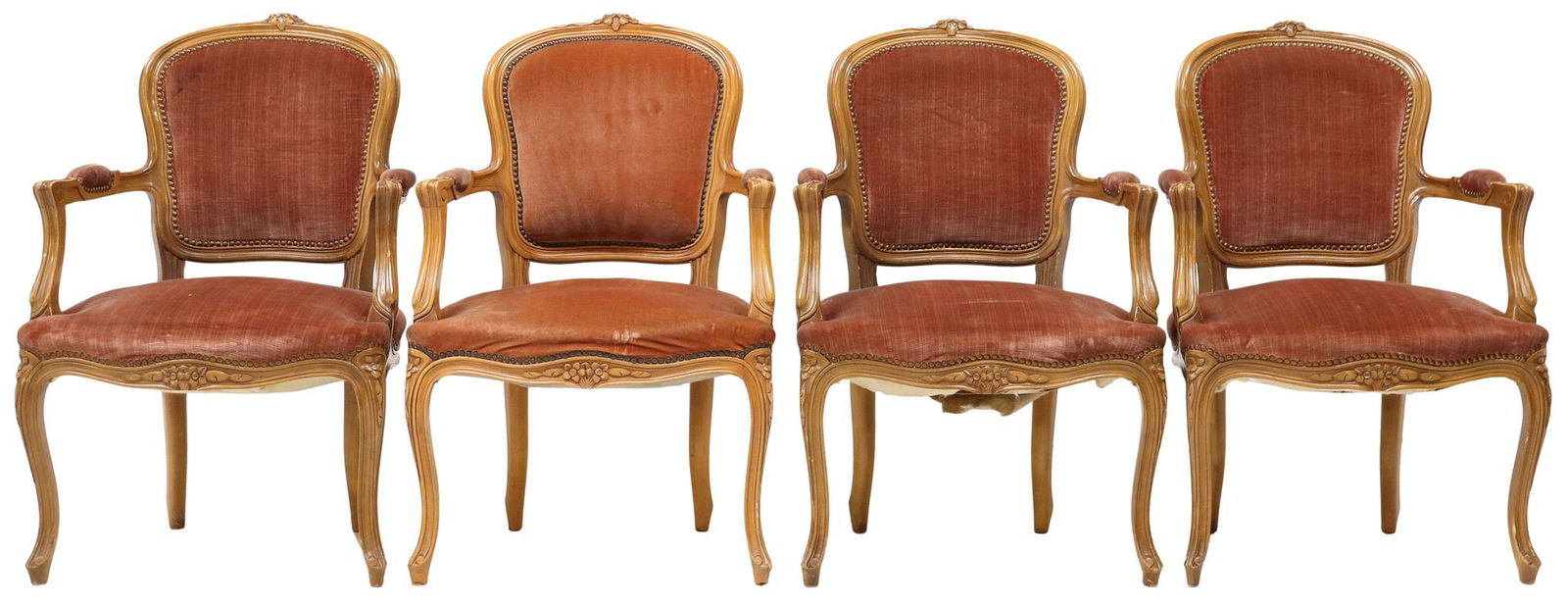 (4) FRENCH LOUIS XV STYLE PINK VELVET UPHOLSTERED ARMCHAIRS: (lot of 4) French Louis XV style carved wood fauteuils/ armchairs, 20th c., each having floral crest, over padded back, seat, and arms in pink velvet upholstery, with nailhead trim, rising on cabriole