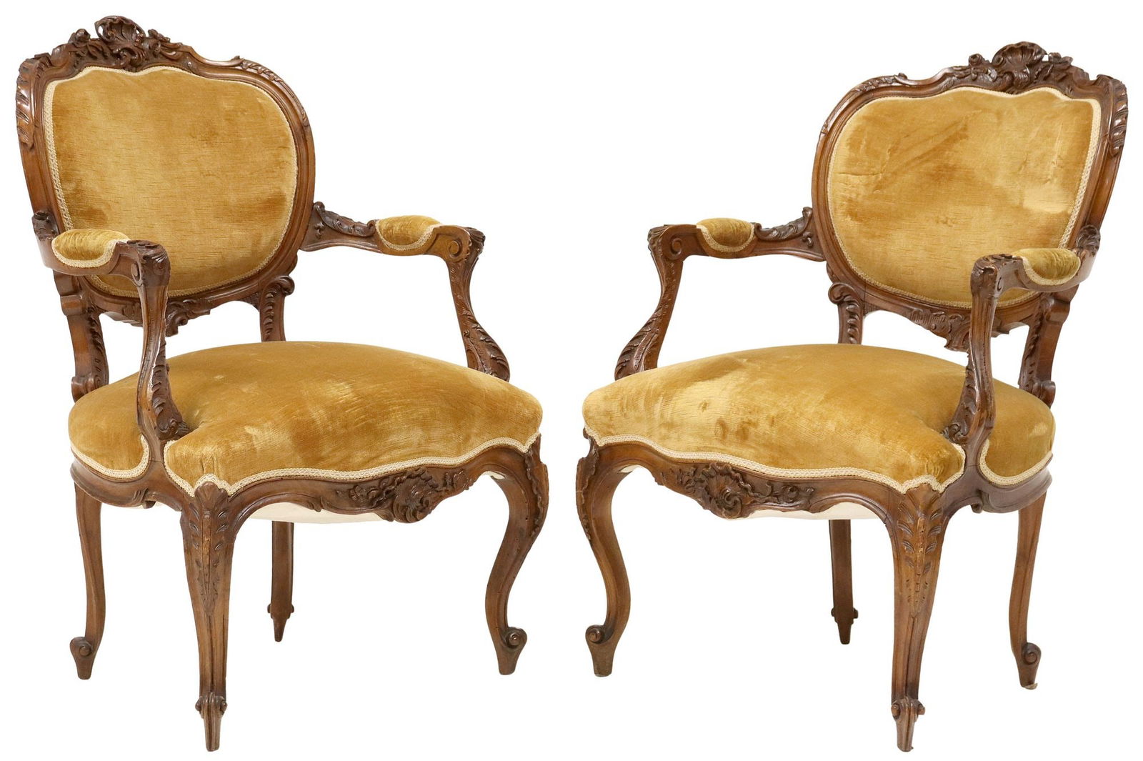 (2) FRENCH LOUIS XV STYLE UPHOLSTERED WALNUT FAUTEUILS (1 of 3)