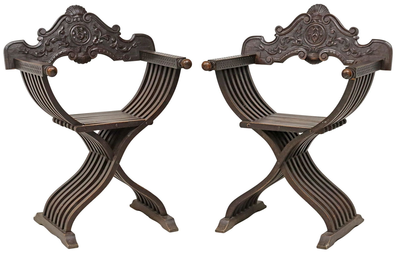 (2) ITALIAN RENAISSANCE REVIVAL CARVED WALNUT SAVONAROLA ARMCHAIRS (1 of 4)