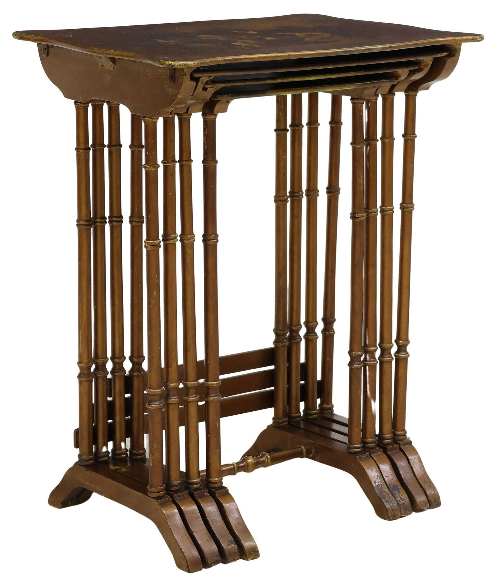 (4) REGENCY STYLE PAINTED NESTING TABLES: (lot of 4) Regency style painted nesting tables, late 19th c., of graduated size, on turned supports, splayed feet, joined by a cross stretcher, largest: approx 28.25"h, 22.75"w, 16.5&q