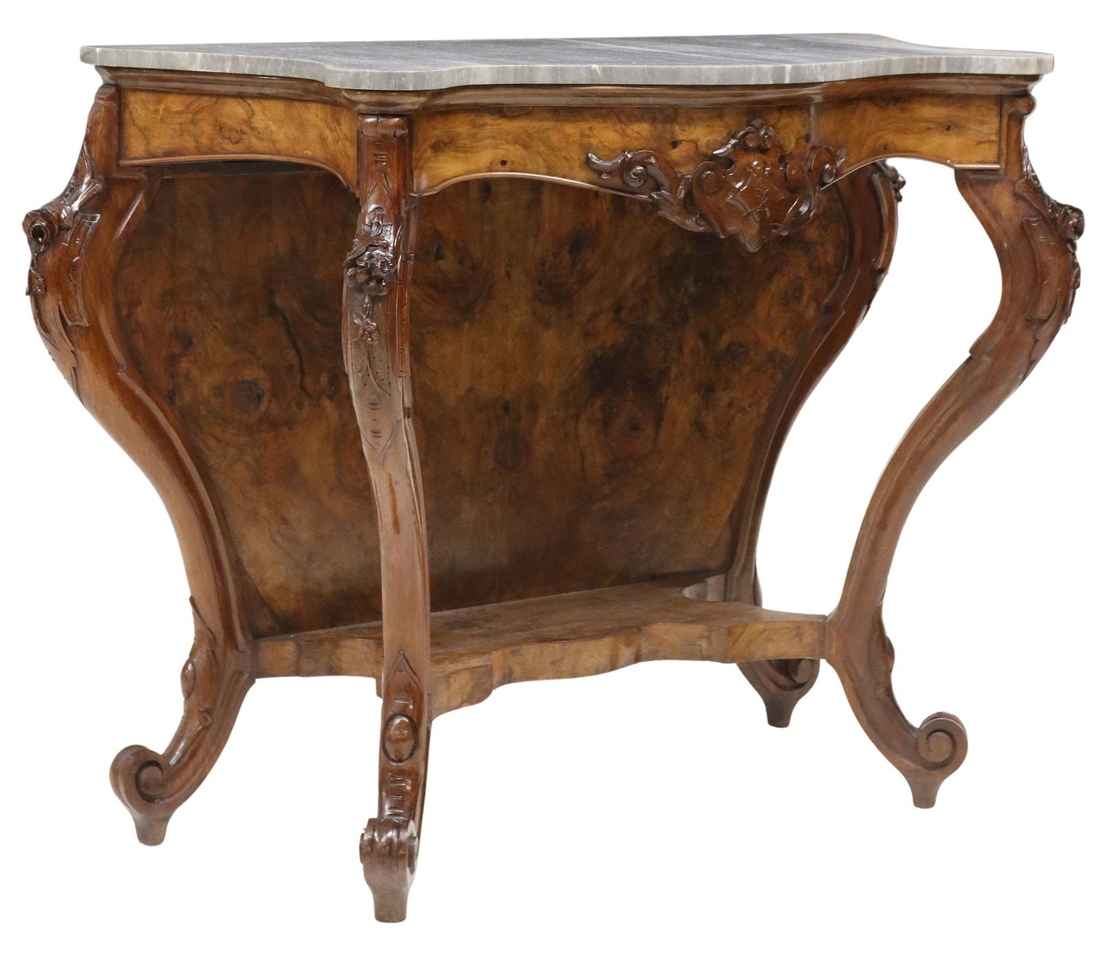 ITALIAN ROCOCO REVIVAL MARBLE-TOP CARVED BURL WALNUT CONSOLE TABLE (1 of 4)