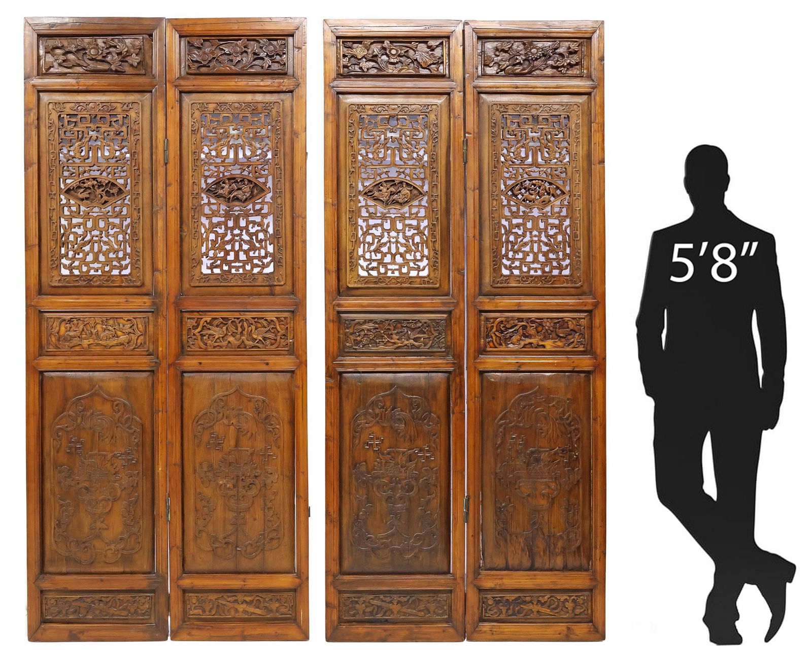 ORNATE CHINESE CARVED HARDWOOD FOUR-PANEL SCREEN, 92"H (1 of 11)