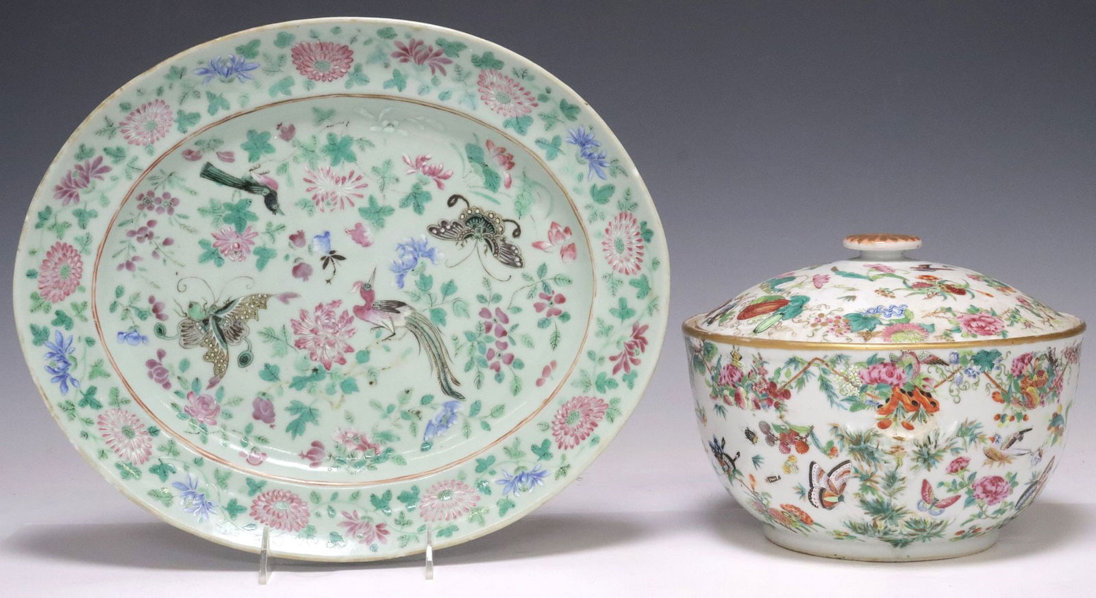 (2) CHINESE FAMILLE ROSE ENAMELED PORCELAIN COVERED BOWL & PLATTER (1 of 5)