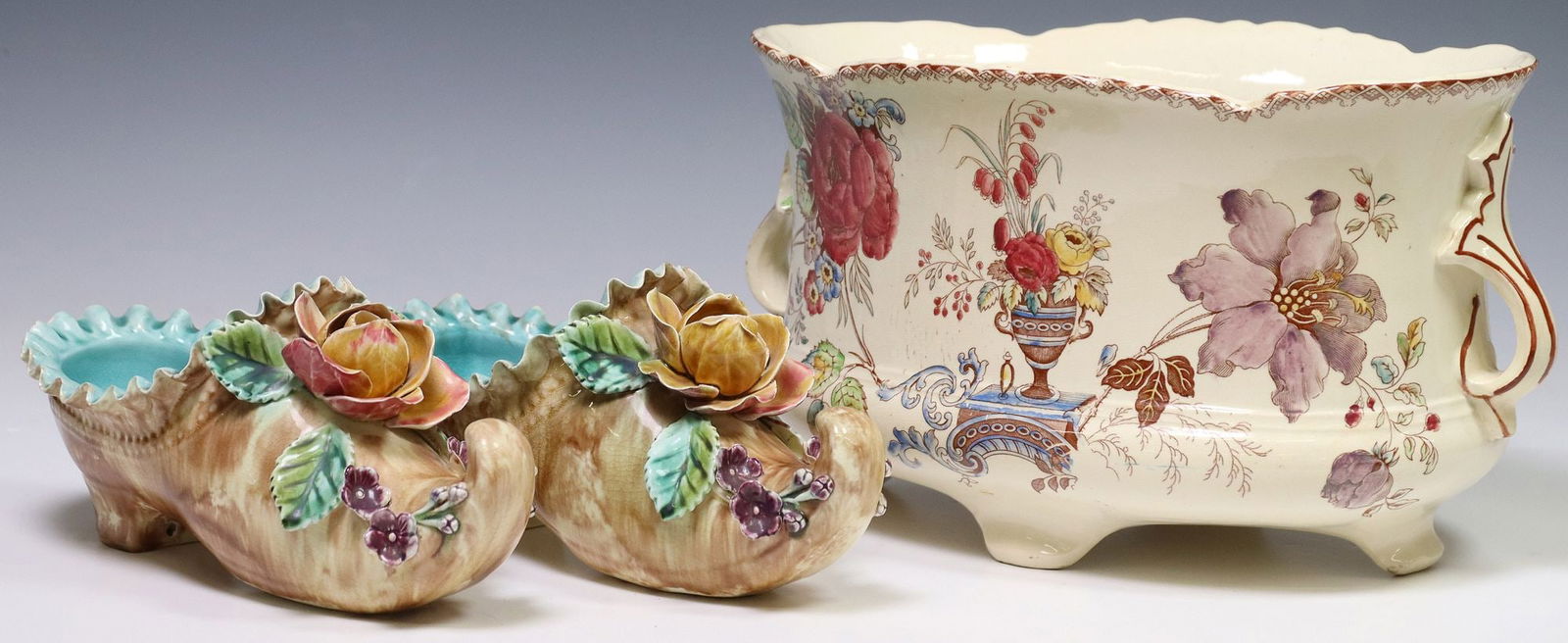 (3) FRENCH BARBOTINE MAJOLICA SHOE-FORM WALL POCKETS & JARDINIERE (1 of 6)