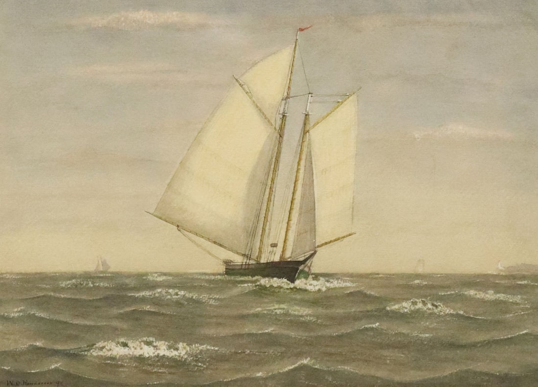 WILLIAM OLIVER HENDERSON (19TH C.) MARINE WATERCOLOR SCHOONER (1 of 4)
