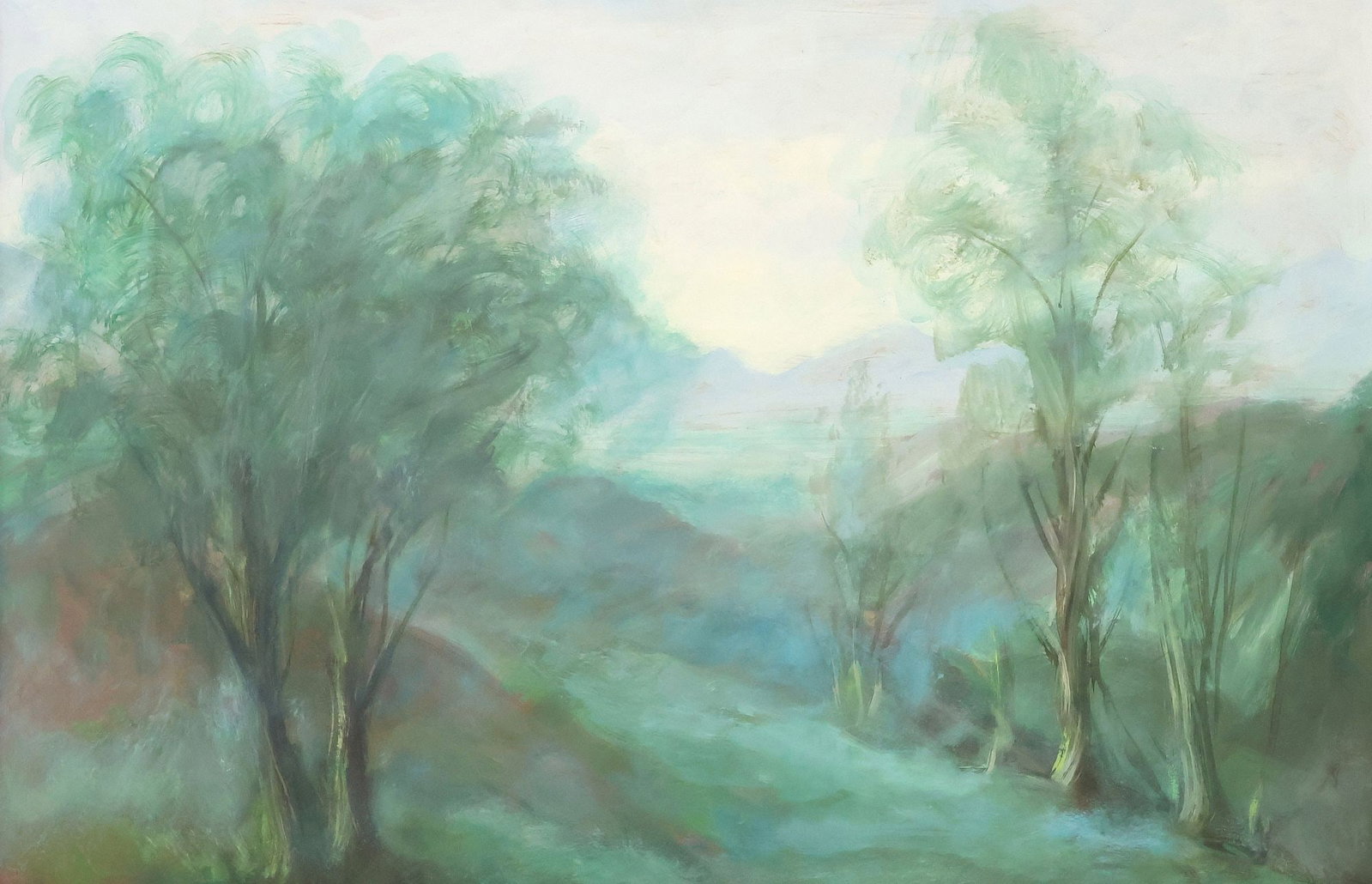 WOODED LANDSCAPE PAINTING: Framed painting on Masonite, Wooded Landscape, apparently unsigned, sight: approx 23"h, 34.75"w, overall: approx 30.5"h, 42.25"w, 8.5lbs