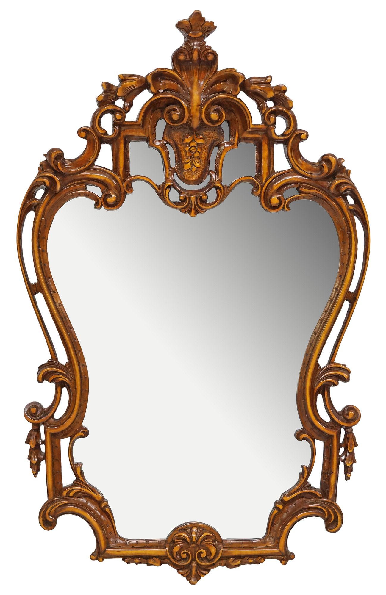 LOUIS XV STYLE CARVED WOOD WALL MIRROR: Louis XV style carved wood wall mirror, 20th c., having scrolled foliate crest, over shaped frame, encasing flat mirror plate, approx 42"h, 26"w, 14lbs