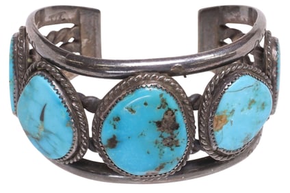 NATIVE AMERICAN SILVER & TURQUOISE CUFF BRACELET, SIGNED TTC
