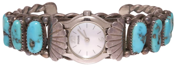 NATIVE AMERICAN SILVER & TURQUOISE WATCH CUFF