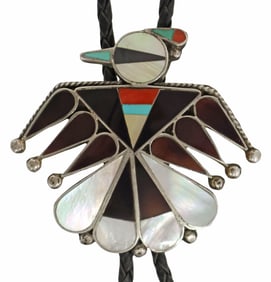 NATIVE AMERICAN ZUNI MULTI-STONE INLAID SILVER 'THUNDERBIRD' BOLO TIE