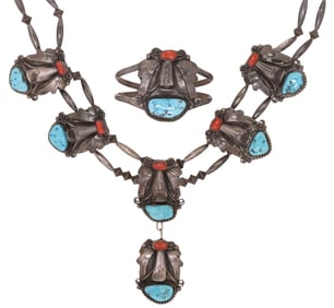 (2) SOUTHWEST SILVER TURQUOISE & RED CORAL NECKLACE & CUFF, SIGNED CJT