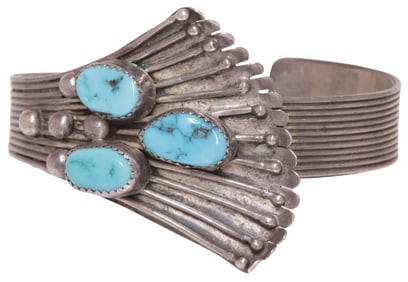 SOUTHWEST STYLE MODERNIST SILVER & TURQUOISE CUFF BRACELET