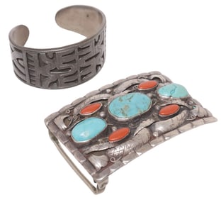 (2) SOUTHWEST STYLE STERLING SILVER & TURQUOISE BUCKLE & GEOMETRIC CUFF, MEXICO
