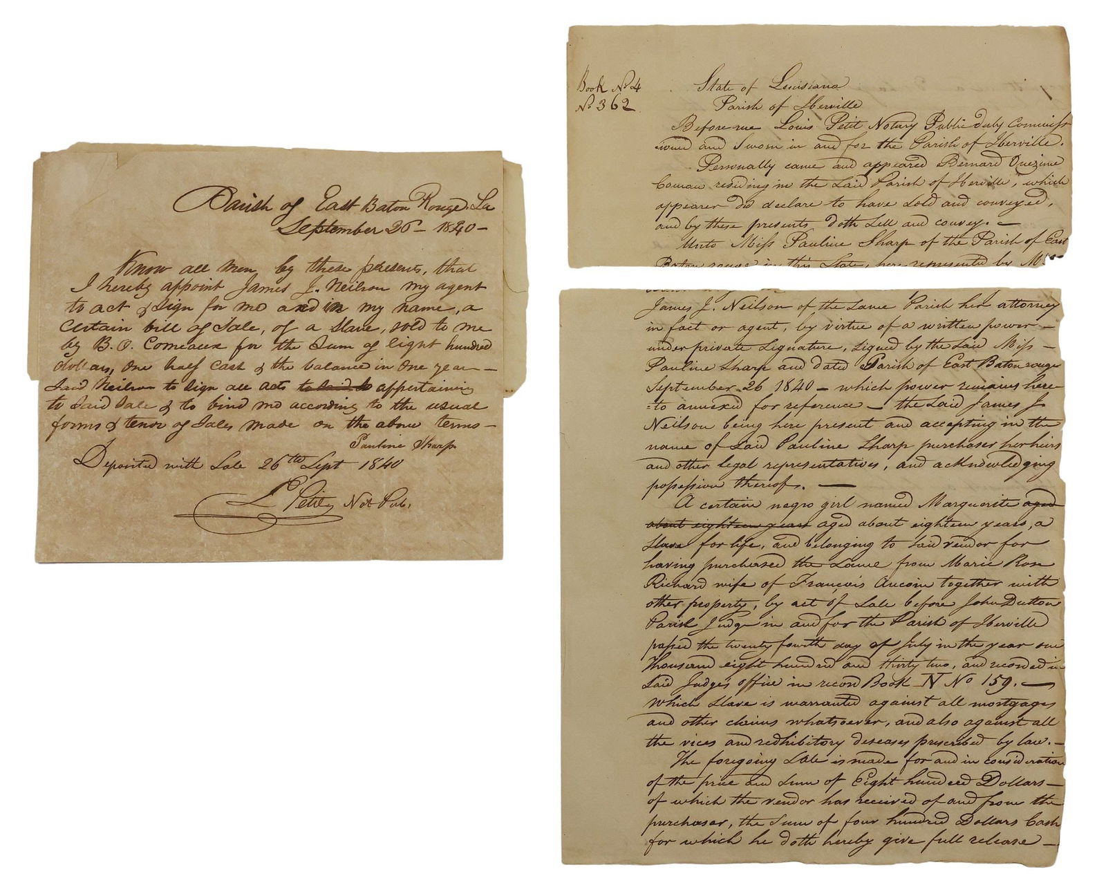 HISTORICAL RECORD: SLAVE BILL OF SALE, LOUISIANA, 1840 (1 of 3)