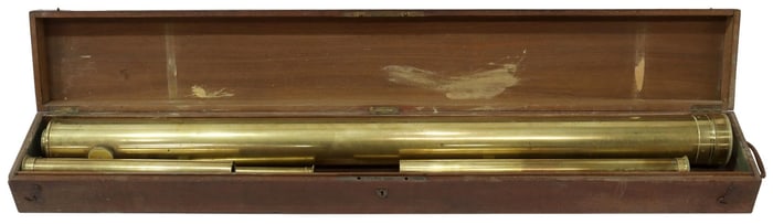 LARGE FRENCH BRASS TELESCOPE IN MAHOGANY CASE, 19TH C.