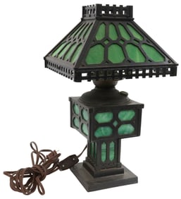 AMERICAN ARTS & CRAFTS CAST IRON & GREEN SLAG GLASS LAMP