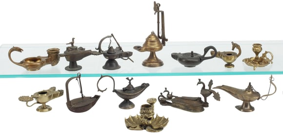 (13) PATINATED & GILT BRONZE OIL LAMPS