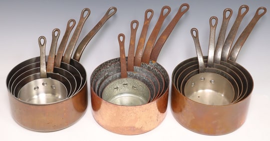 (15) FRENCH GRADUATED COPPER SAUCEPANS, IN 3 SETS