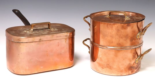 (2) FRENCH COPPER DOUBLE-CHAMBER COUSCOUSSIER & BRAISING PAN