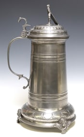 LARGE PEWTER GUILD TANKARD, 21"H