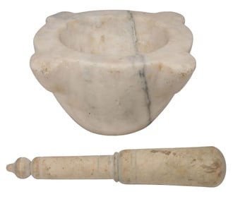 LARGE CARVED WHITE MARBLE MORTAR & TURNED WOOD PESTLE