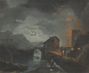 AFTER CESAR VAN LOO PAINTING FIGURES FLEEING A BURNING CITY