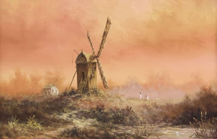 LESTER HUGHES (TX, 1938-2021), WESTERN WINDMILL LANDSCAPE, 24" X 36"