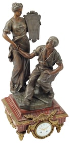 FRENCH ORMOLU-MOUNTED ROUGE MARBLE FIGURAL MANTEL CLOCK