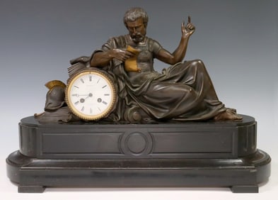 FRENCH NEOCLASSICAL PATINATED BRONZE FIGURAL MANTEL CLOCK