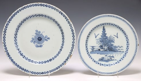 (2) DELFT BLUE & WHITE CHINOISERIE CHARGERS, 18TH C.