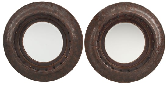 (2) CIRCULAR EMBOSSED FAUX LEATHER-CLAD WALL MIRRORS, 38"DIAM