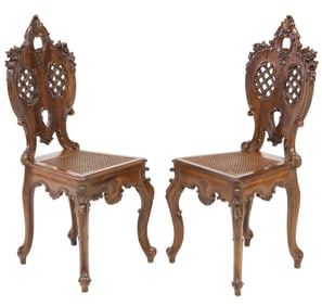 (2) ITALIAN ROCOCO REVIVAL CANED WALNUT SIDECHAIRS