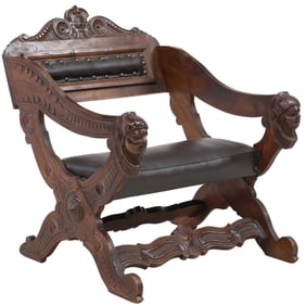 ITALIAN RENAISSANCE REVIVAL CARVED WALNUT CURULE CHAIR