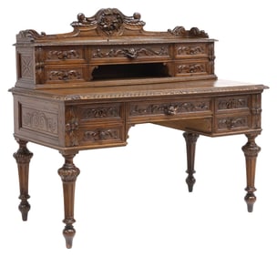 FRENCH HENRI II STYLE CARVED OAK WRITING DESK