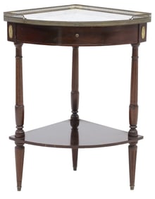 FRENCH LOUIS XVI STYLE MARBLE-TOP MAHOGANY CORNER CONSOLE