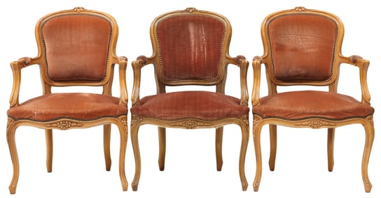 (3) FRENCH LOUIS XV STYLE PINK VELVET UPHOLSTERED ARMCHAIRS