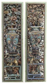 (2) CHINESE POLYCHROME CARVED WOOD ARCHITECTURAL WALL PANELS, 58.5"H