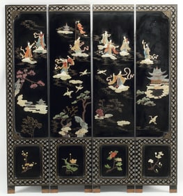 CHINESE LACQUERED & STONE-INLAID 4-PANEL FOLDING SCREEN, 72"H