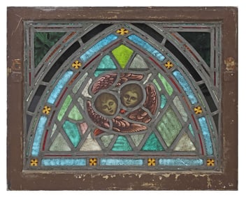 ARCHITECTURAL STAINED & LEADED GLASS PAINTED CHERUBS WINDOW